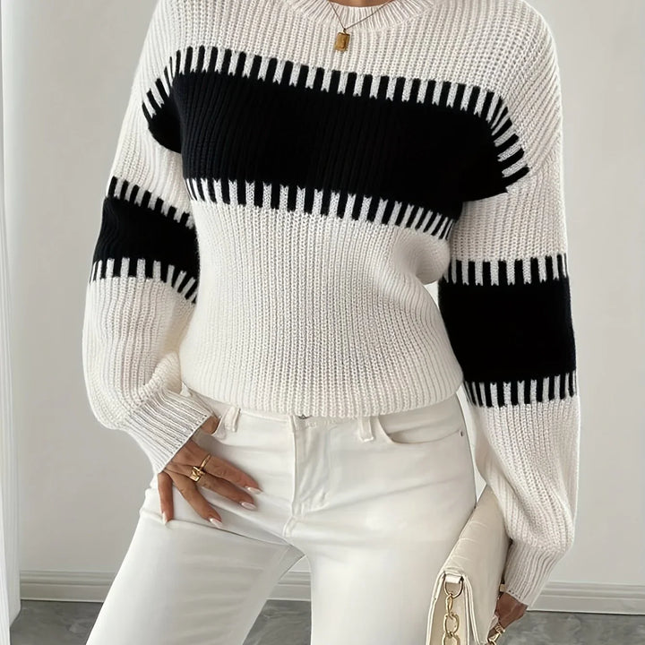 Dames trui | Gebreide sweater met strepen en ronde hals