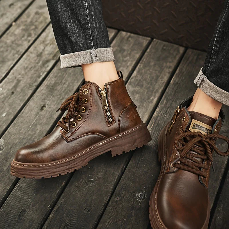 Heren boots | Bruine veterlaarzen met rits en dikke zool