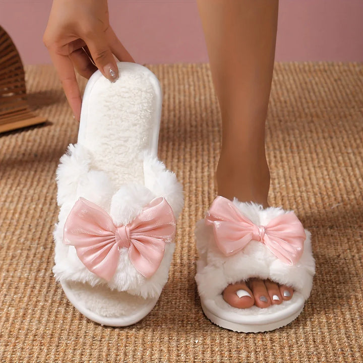 Dames pantoffels | Fluffy sloffen met strik en warme voering