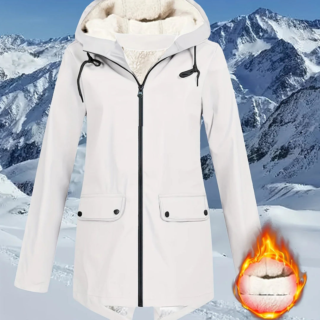 Dames winterjas | Beige windbreaker met capuchon en teddyvoering