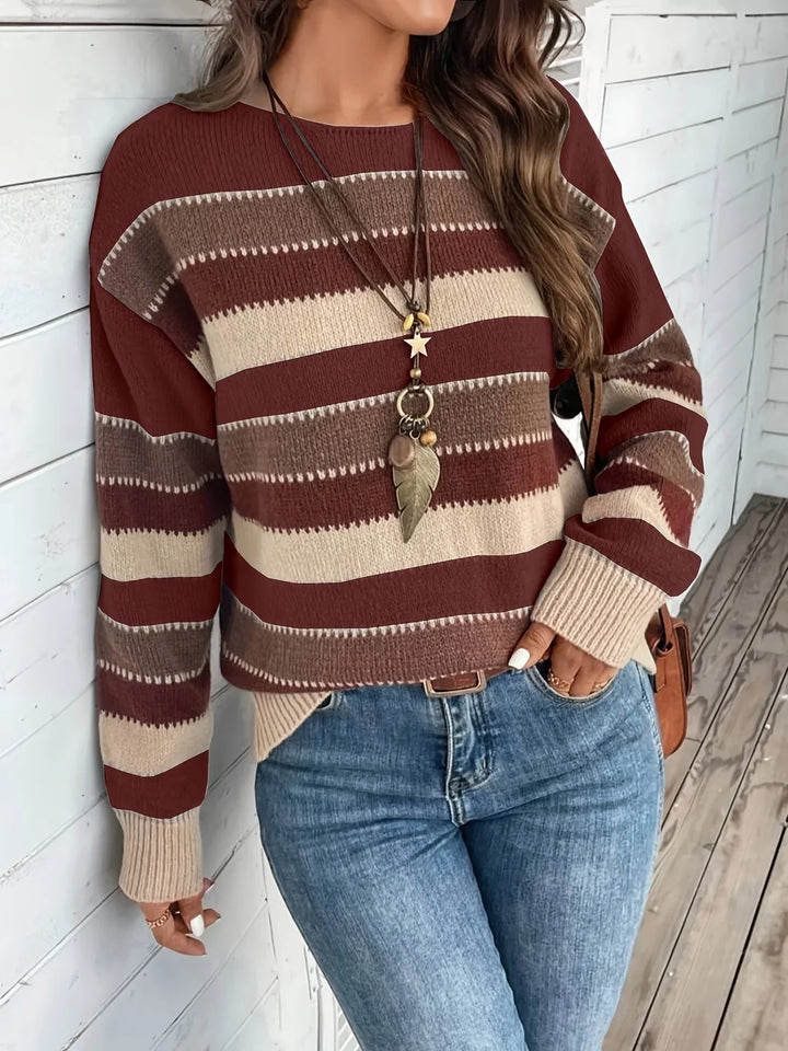 Dames trui | Gestreepte sweater met ronde hals in herfstkleuren