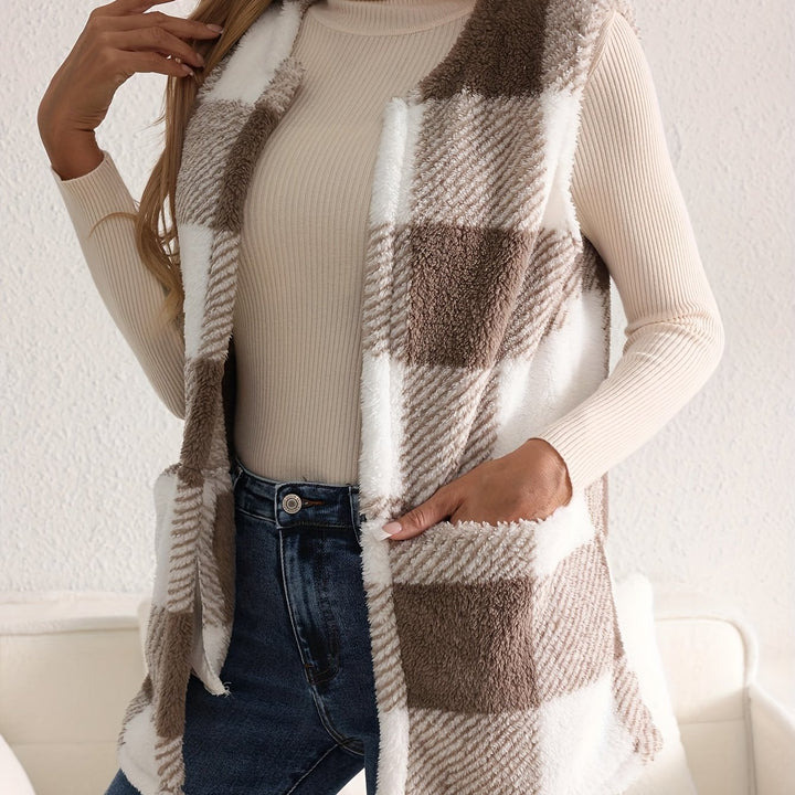 Geruit fleece vest met knopen en zakken