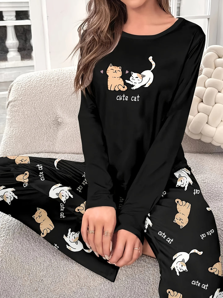 Dames pyjama set met kattenprint | Lange mouw en broek