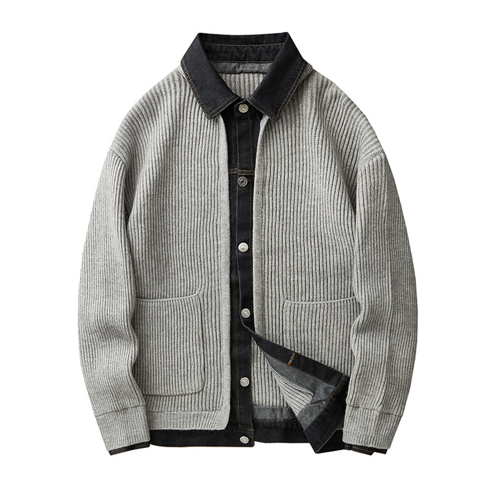 Vest heren | Gebreid vest met denim kraag en knoopsluiting