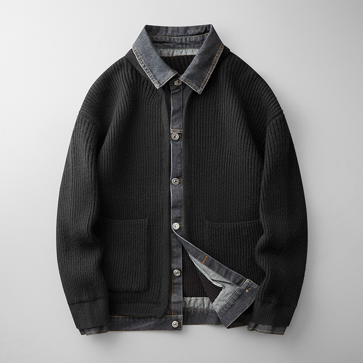 Vest heren | Gebreid vest met denim kraag en knoopsluiting