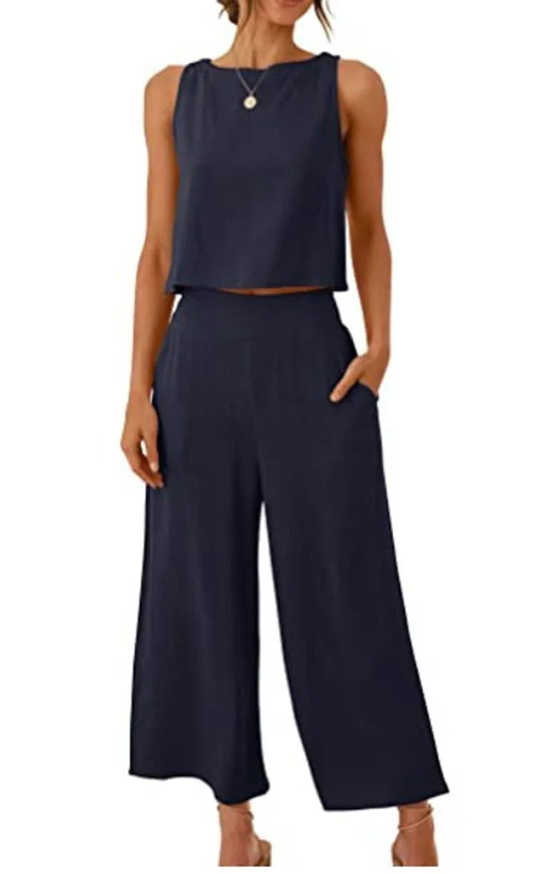 Dames set | Witte mouwloze top met wijde pantalon