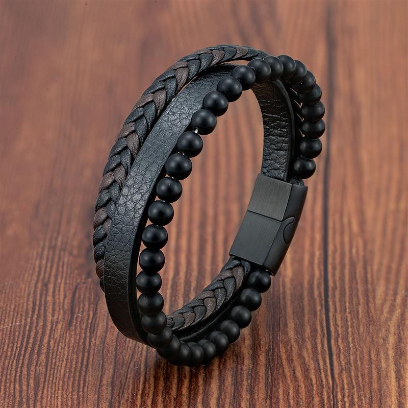 VolcanicLayer Herenarmband | Leren armband met kralen en magnetische sluiting