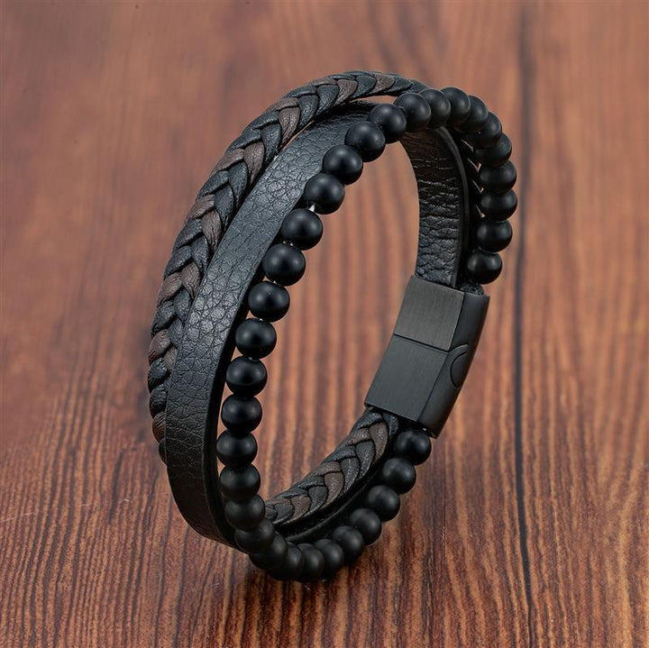 VolcanicLayer Herenarmband | Leren armband met kralen en magnetische sluiting