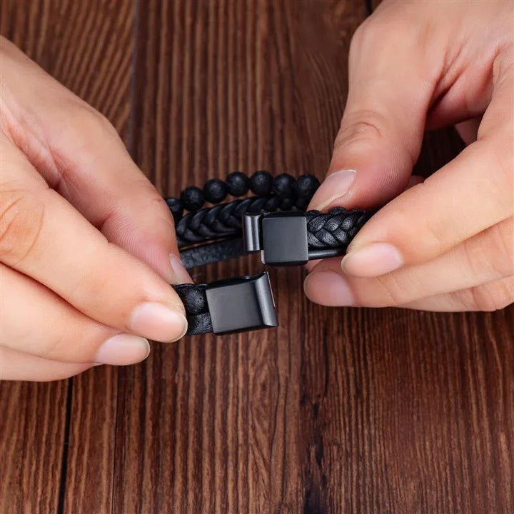 VolcanicLayer Herenarmband | Leren armband met kralen en magnetische sluiting
