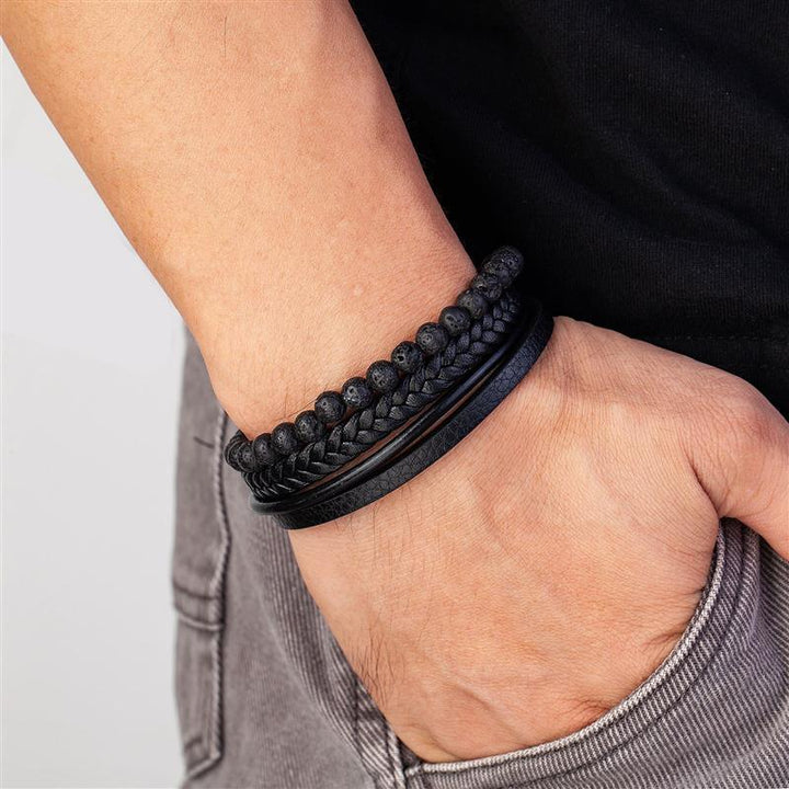 VolcanicLayer Herenarmband | Leren armband met kralen en magnetische sluiting