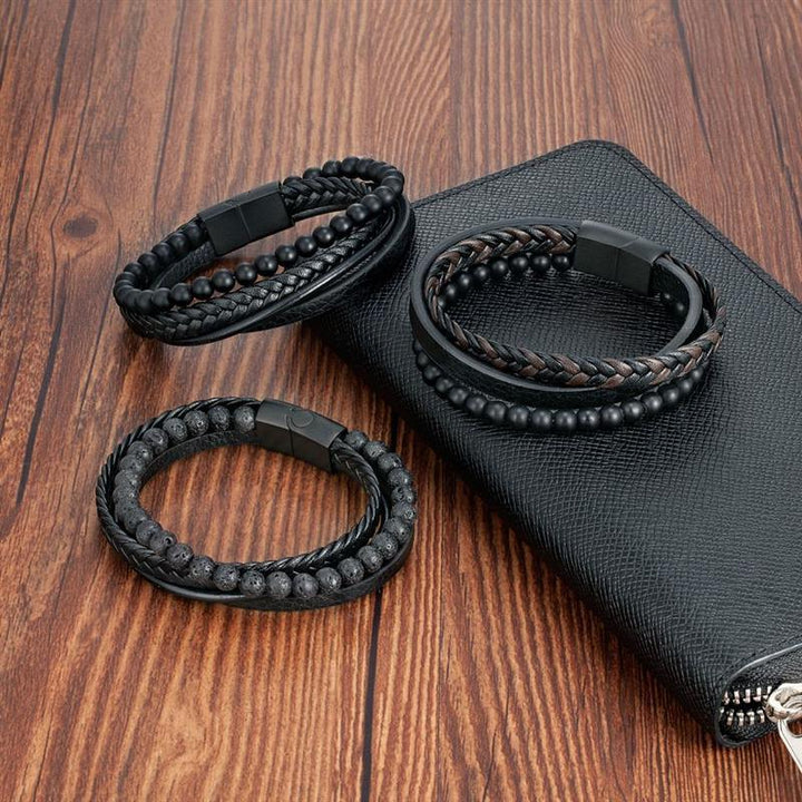VolcanicLayer Herenarmband | Leren armband met kralen en magnetische sluiting