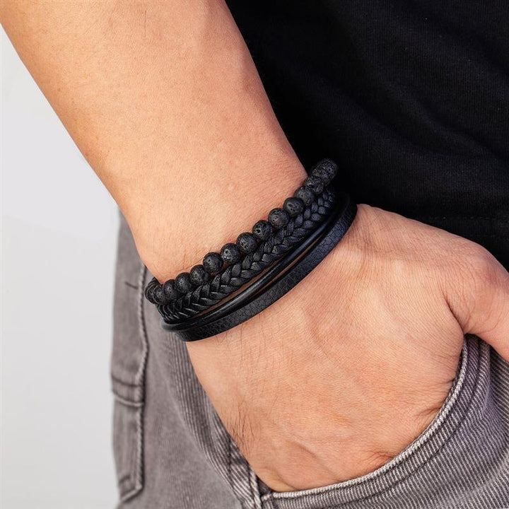 VolcanicLayer Herenarmband | Leren armband met kralen en magnetische sluiting