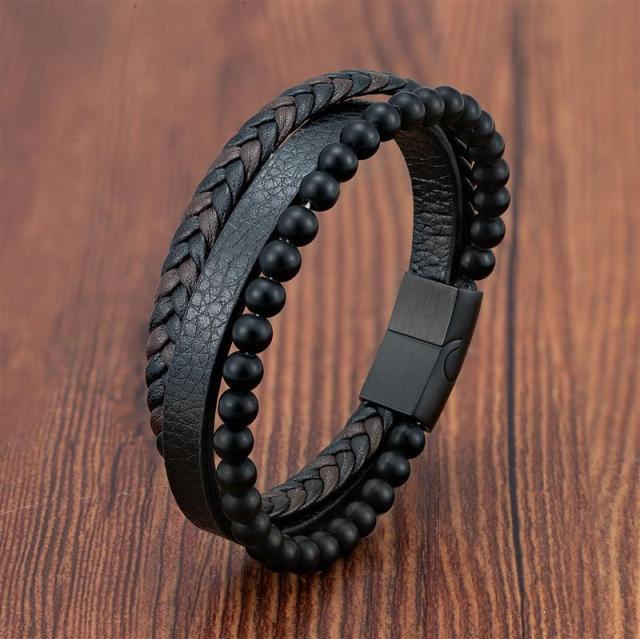 VolcanicLayer Herenarmband | Leren armband met kralen en magnetische sluiting