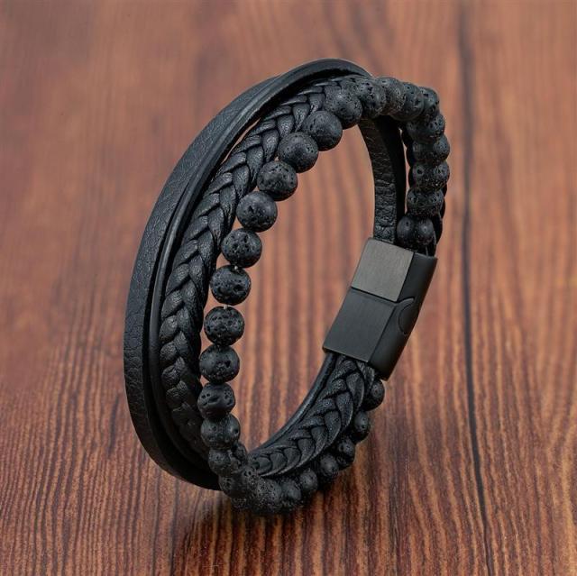 VolcanicLayer Herenarmband | Leren armband met kralen en magnetische sluiting