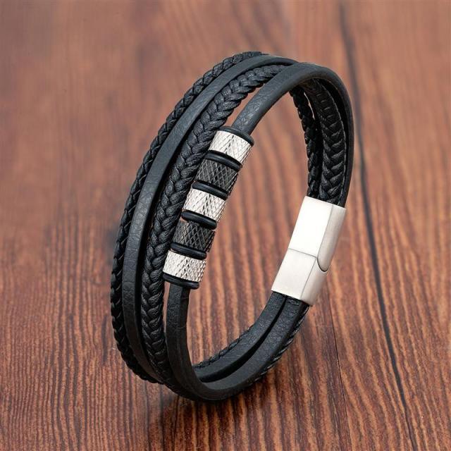 VolcanicLayer Herenarmband | Leren armband met kralen en magnetische sluiting