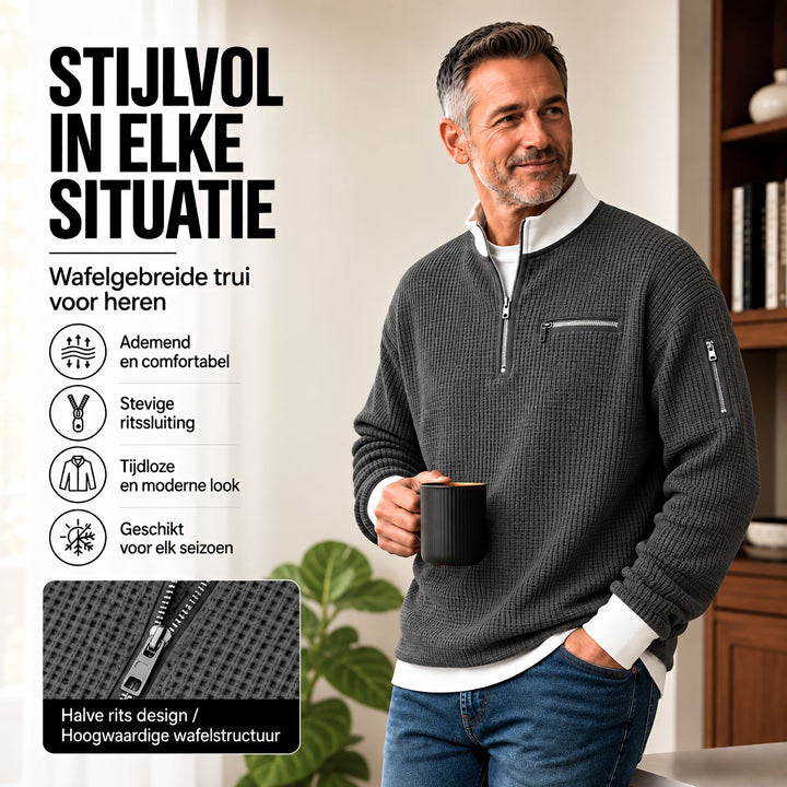 Trui heren | Wafelgebreide trui met halve rits