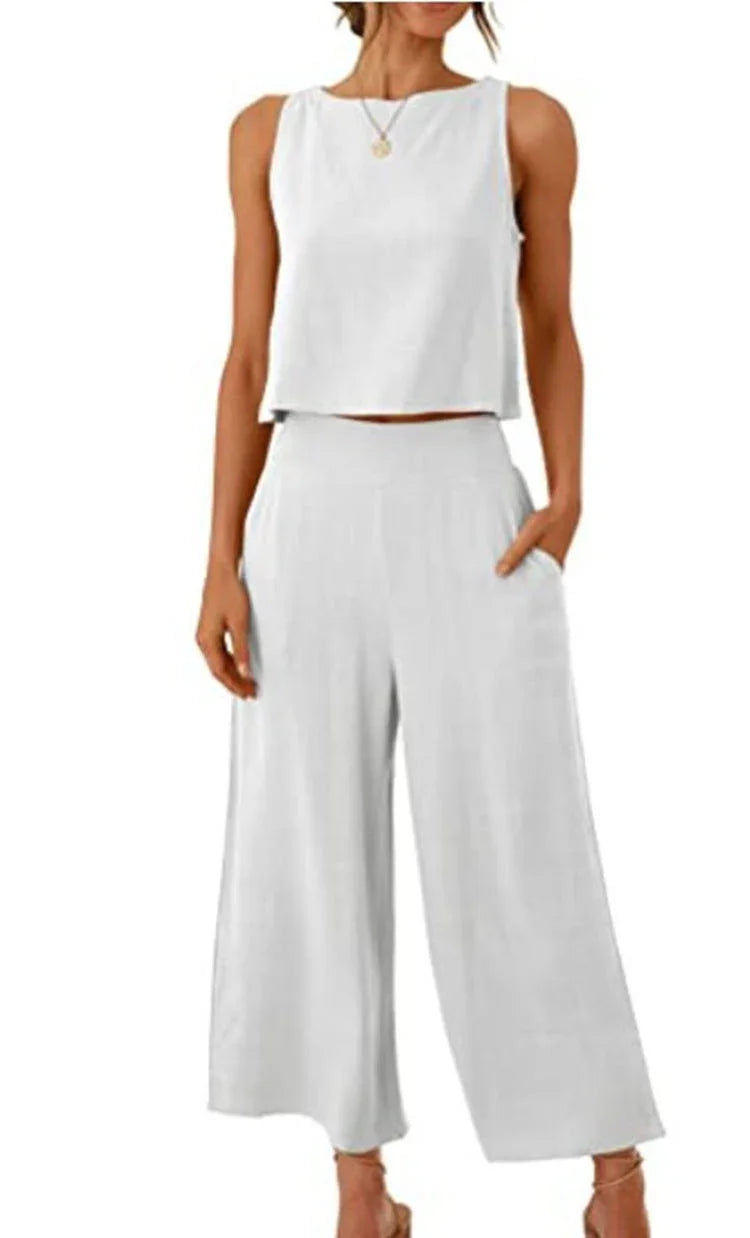 Dames set | Witte mouwloze top met wijde pantalon